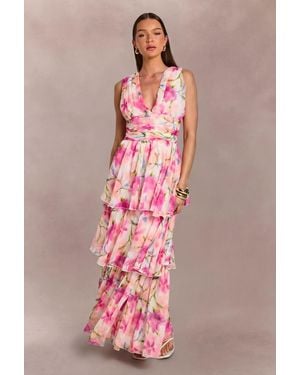 Boohoo Chiffon Plunge Front Floral Tiered Maxi Dress - Pink