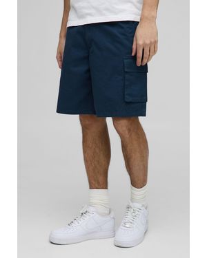 BoohooMAN Fixed Waist Baggy Cargo Twill Shorts - Blue