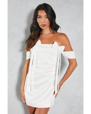 MissPap Premium Satin Bardot Bow Detail Bodycon Mini Dress - White