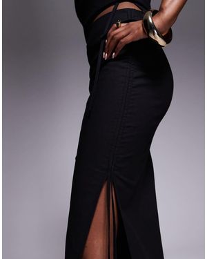 Kaiia Exclusive Cotton Blend Linen Look Side Split Tie Detail Midaxi Skirt Co-Ord - Black