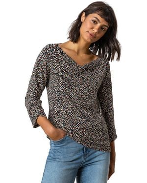 Roman Abstract Print Cowl Neck 3/4 Sleeve Jersey Top - Grey