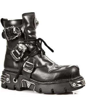 New Rock Cross Leather Biker Boots-407-S1 - Black