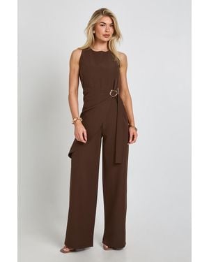 Boohoo Wrap Waist Trim Wide Leg Jumpsuit - Brown