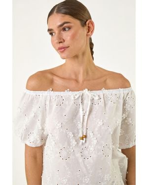 Roman Floral Embroidered Bardot Top - White