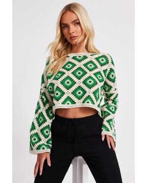 Quiz Crochet Geometric Crop Top - Green