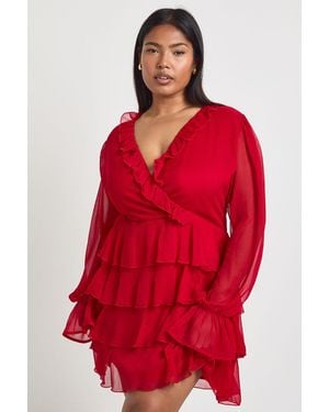 Boohoo Plus Ruffle Wrap Skater Dress - Red