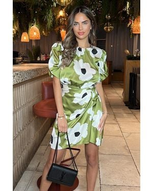 AX Paris Floral Printed Short Puff Sleeve Gathered Side Mini Dress - Black
