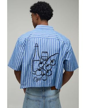 BoohooMAN Boxy Crop Stripe Sketch Embroidered Shirt - Blue