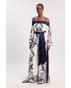 Karen Millen Scarf Print Belted Woven Bardot Top - Blue