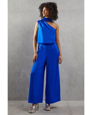 Warehouse One Shoulder Drop Waist Satin Wide Leg Jumpsuit - Blue