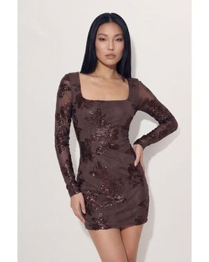 MissPap Textured Floral Mesh Mini Dress - Brown