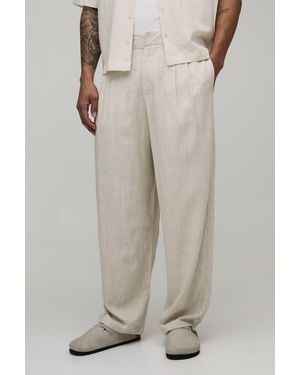 BoohooMAN Balloon Fit Linen Blend Half & Trouser - Natural