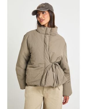Boohoo Tie Detail Puffer Jacket - Natural