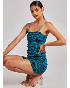 Pink Vanilla Mesh Marble Ruched Cami Mini Dress - Blue