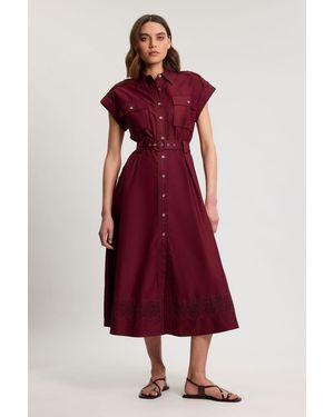 Karen Millen Cotton Sateen With Lace Trim Pocket Detail Shirt Dress - Red
