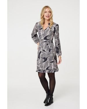 Izabel London Abstract Ruffled Tie Waist Knee Length Dress - Natural