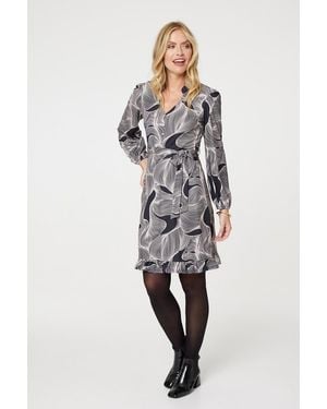 Izabel London Abstract Ruffled Tie Waist Knee Length Dress - Natural