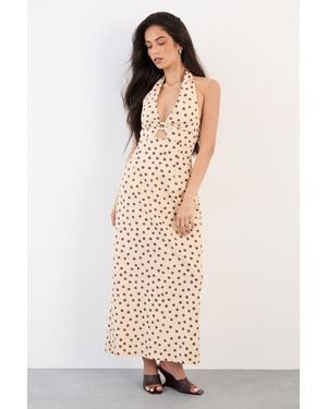 Warehouse Polkadot Halterneck Midi Dress - Natural