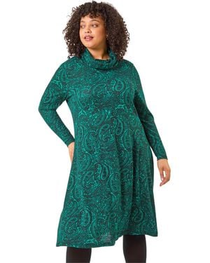 Roman Curve Paisley Cowl Neck Stretch Dress - Green