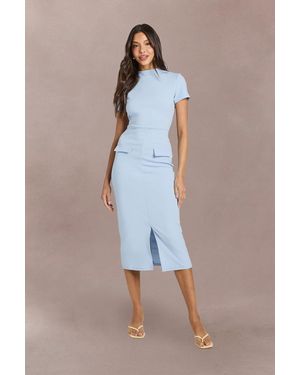 Boohoo Crepe High Neck Pocket Detail Midi Dress - Blue