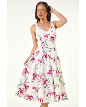 Roman Petite Floral Premium Stretch Midi Dress - White