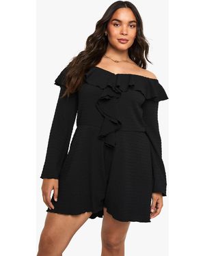 Boohoo Plus Textured Ruffle Bardot Romper - Black