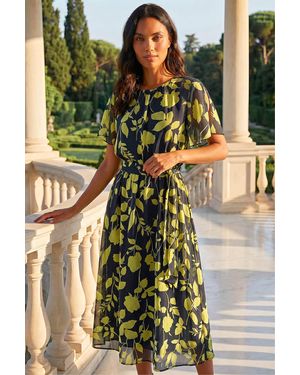 Roman Floral Split Sleeve Midi Dress - Green