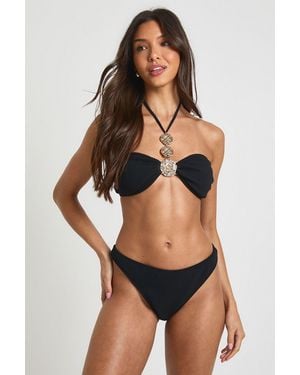 Boohoo Trim Halterneck Bikini Top And Thong Bottom - Black
