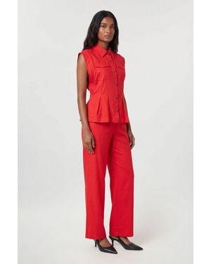 Karen Millen Premium Viscose Linen Topstitch Woven Blouse With Waist Seam Detail - Red