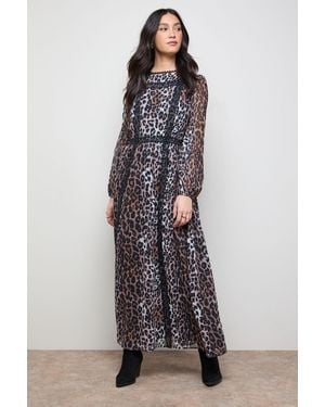 Oasis Printed Lace Trim Balloon Sleeve Midi Smock Dress - Grey