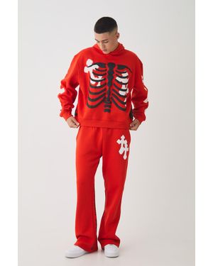 BoohooMAN Oversized Boxy Skeleton Puff Print Cross Hoodie - Red