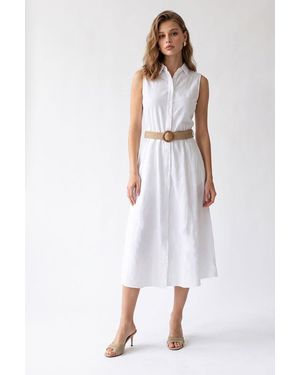 MixRay Belted Cotton Poplin Midi Shirt Dress - White