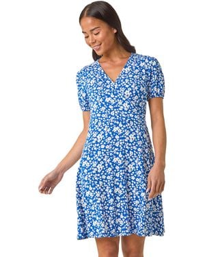 Roman Petite Ditsy Print Wrap Stretch Dress - Blue