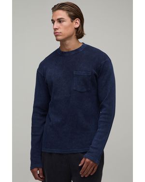 BoohooMAN Essential Regular Fit Wash Long Sleeve Waffle Pocket T-Shirt - Blue