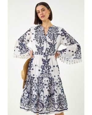 Roman Embroidery Bead Detail Smock Dress - Blue