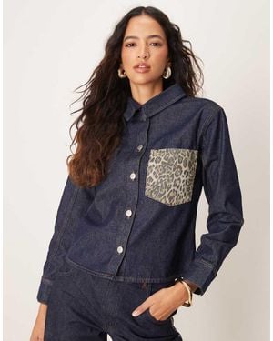 ASOS Denim Oversized Shirt With Leopard Print Pocket - Blue