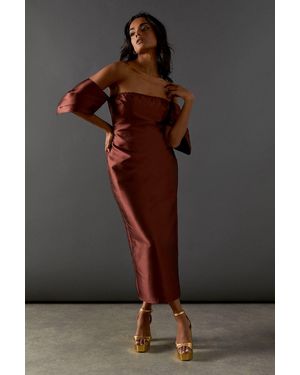 Warehouse Structured Puff Sleeve Bardot Midi Dress - Brown