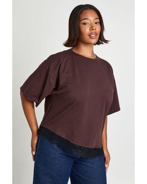 Boohoo Plus Lace Asym Trim Oversized T-Shirt - Purple