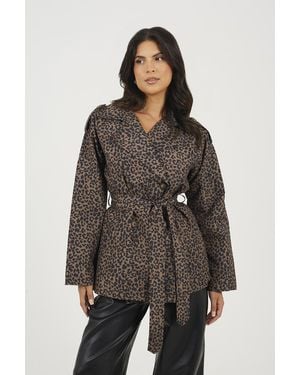 Brave Soul Leopard Double Breasted Short Mac With Self Tie Belt - Brown