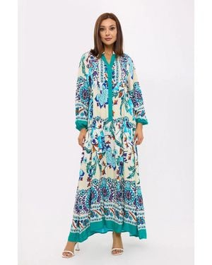 Hiccup Abstract Print Tiered Shirt Maxi Dress - Blue