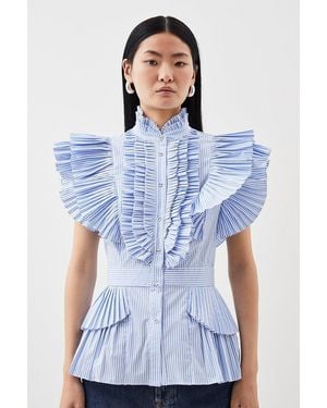 Karen Millen Cap Sleeve Striped Pleated Ruffle Woven Shirt - Blue