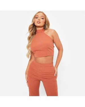 I Saw It First Textured Halterneck Crop Top Co Ord - Orange