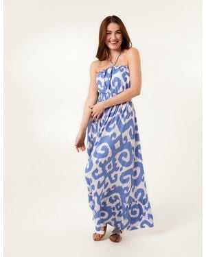 Blue Vanilla Bandeau Printed Shirred Waist Maxi Dress - Blue