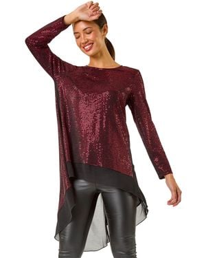 Roman Chiffon Hem Sequin Stretch Tunic Top - Red