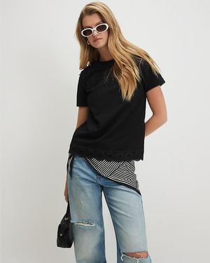 River Island T-Shirt Cotton Embroidered Trim - Black