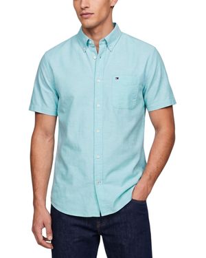 Tommy Hilfiger Shirt Oxford Lightweight Short Sleeve Regular Fit Summer Top - Blue