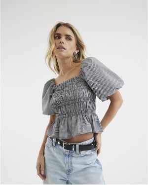 River Island Petite Puff Sleeve Gingham Shirred Top - Grey