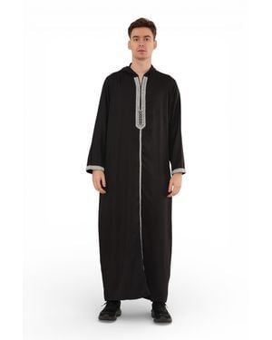 Thobez Eid Hooded Moroccan Thobe Robe Djellaba Gandoura Ramadan Jubba- Hm3 - Black