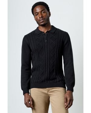 French Connection Cotton Nylon Blend Cable Knit Long Sleeve Polo Jumper - Blue