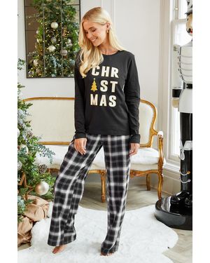 Threadbare 'Harold' Long Sleeve Festive Cotton Pyjama Set - Black